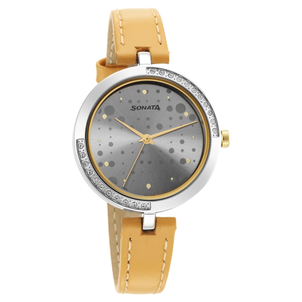 Buy Online Sonata Utsav Grey Dial Peach Leather Strap Watch for
