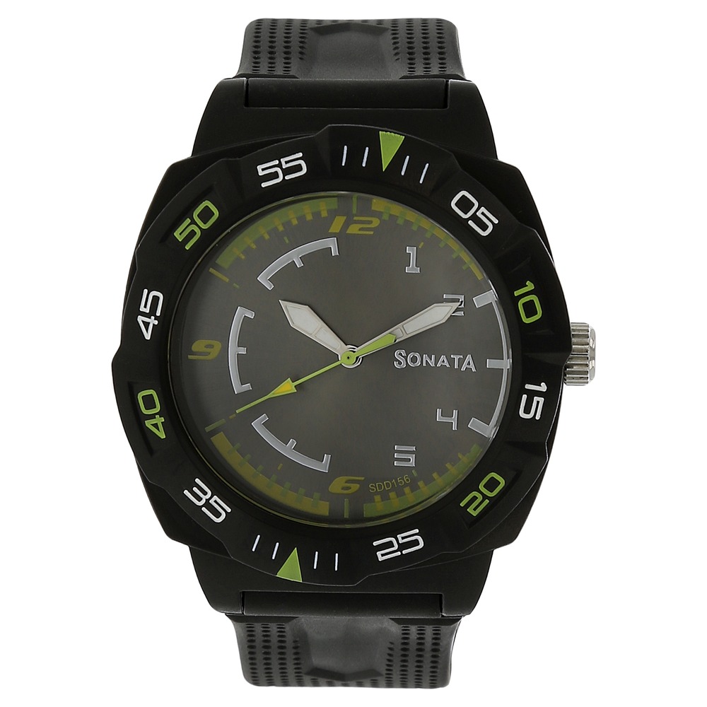 Buy Online SF Quartz Analog Black Dial Plastic Strap Watch for Men nm77008pp01 Sonata