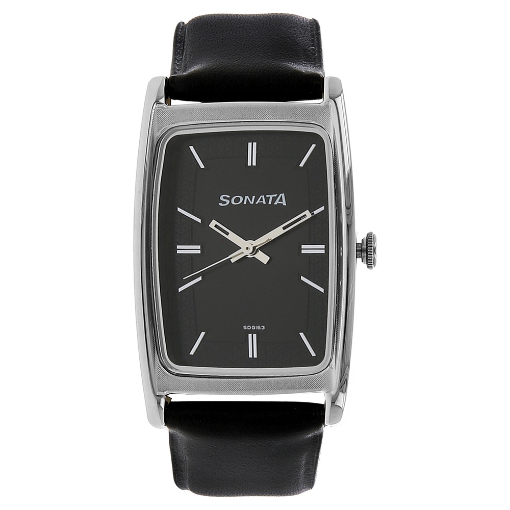 Buy Online Sonata Quartz Analog Black Dial Leather Strap Watch for