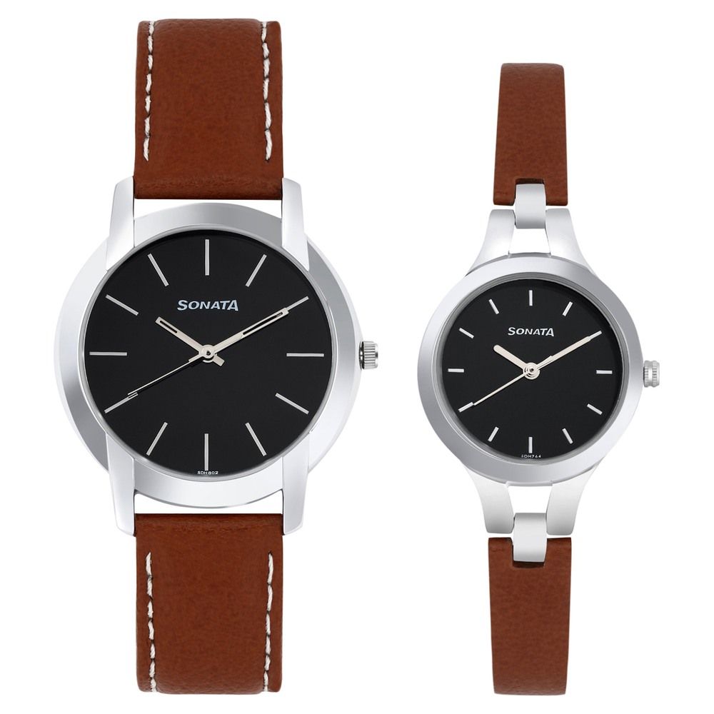 Buy Online Sonata Quartz Analog Black Dial Leather Strap Watch for Couple np79548151sl01p Sonata
