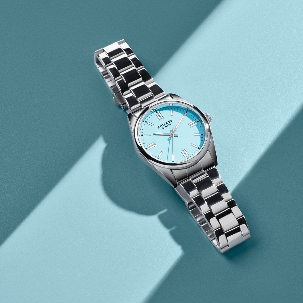 Buy Online Sonata Poze Quartz Analog Blue Dial Silver Metal
