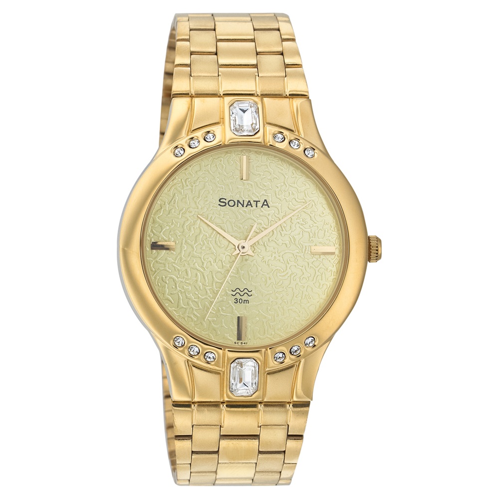 Buy Online Sonata Quartz Analog Champagne Dial Strap Watch for Men na7076ym02 Sonata