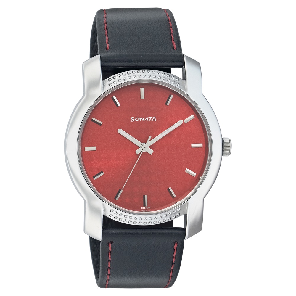 Buy Online Sonata Quartz Analog Red Dial Leather Strap Watch for