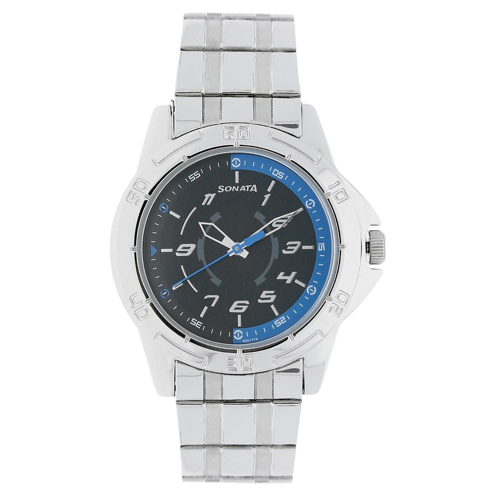 Buy Online Sonata Quartz Analog Blue Dial Stainless Steel Strap Watch for Men nr77001sm01 Sonata