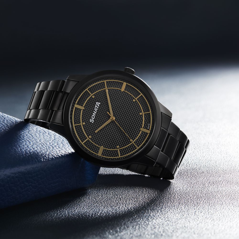 Buy Online Sonata Quartz Analog Black Dial Black Stainless Steel Strap Watch For Men 77148nm01 p Sonata