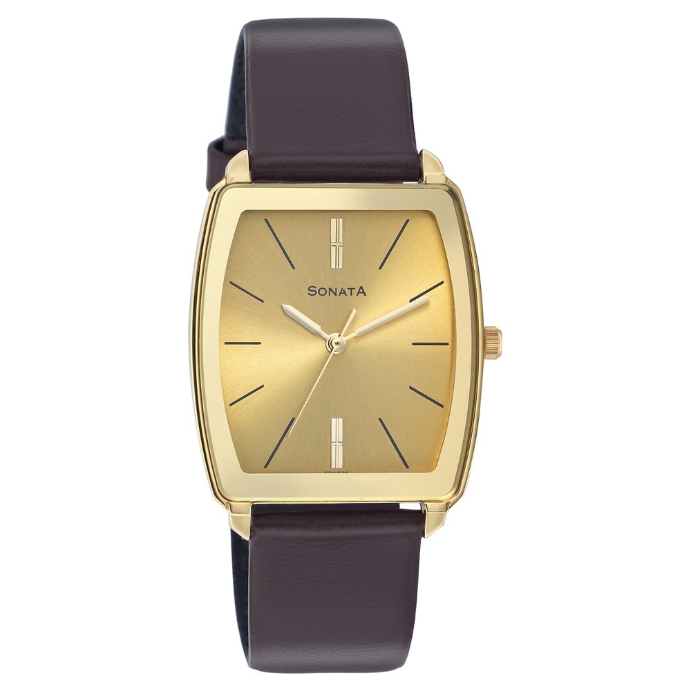 Buy Online Sonata Quartz Analog Champagne Dial Leather Strap Watch