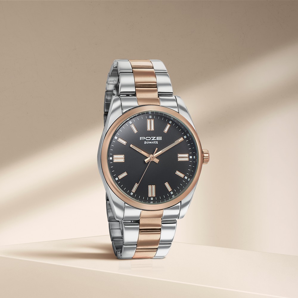 Buy Online Sonata Poze Quartz Analog Black Dial Metal Strap Watch