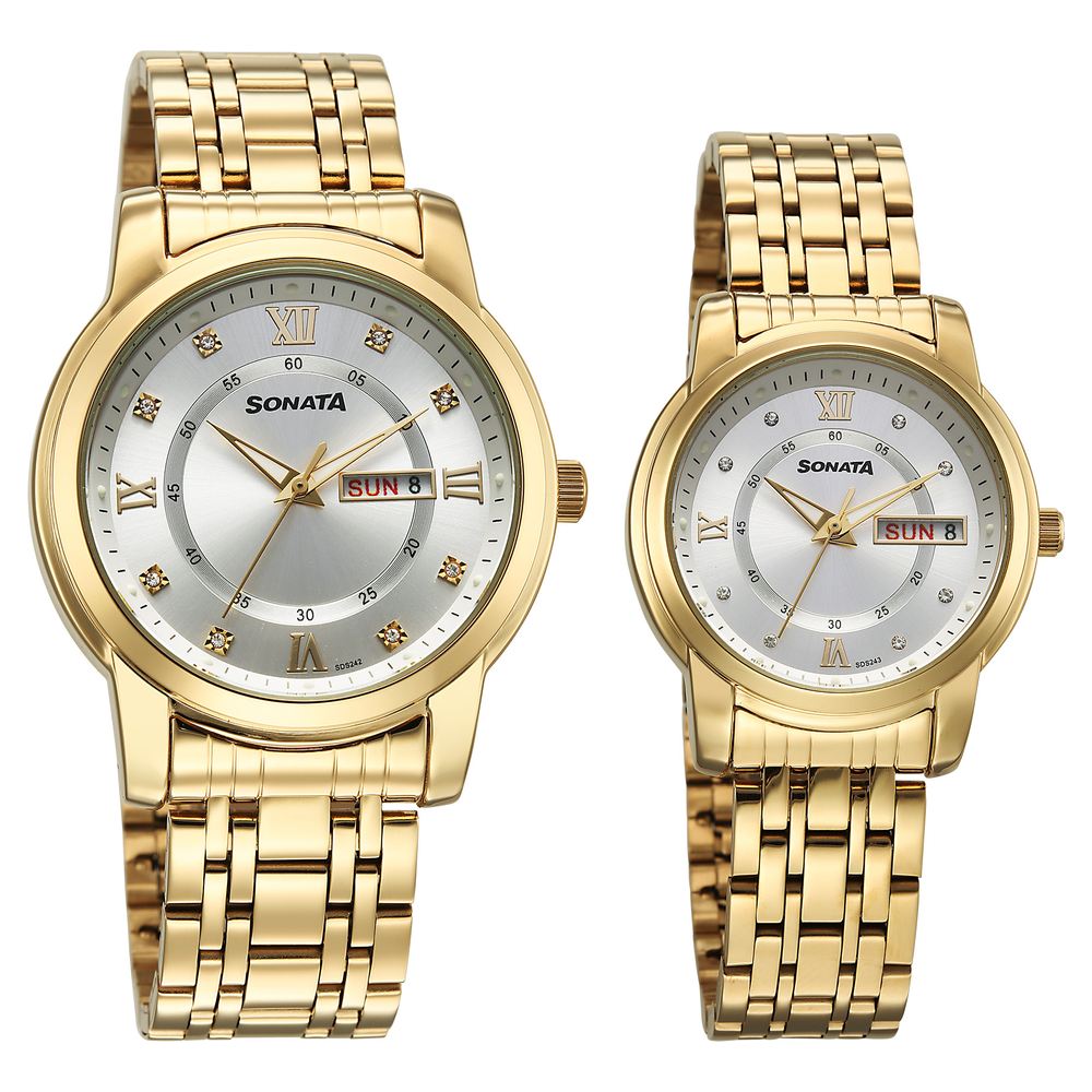 Buy Online Sonata Perfect Pairs Quartz Analog Silver Dial Golden