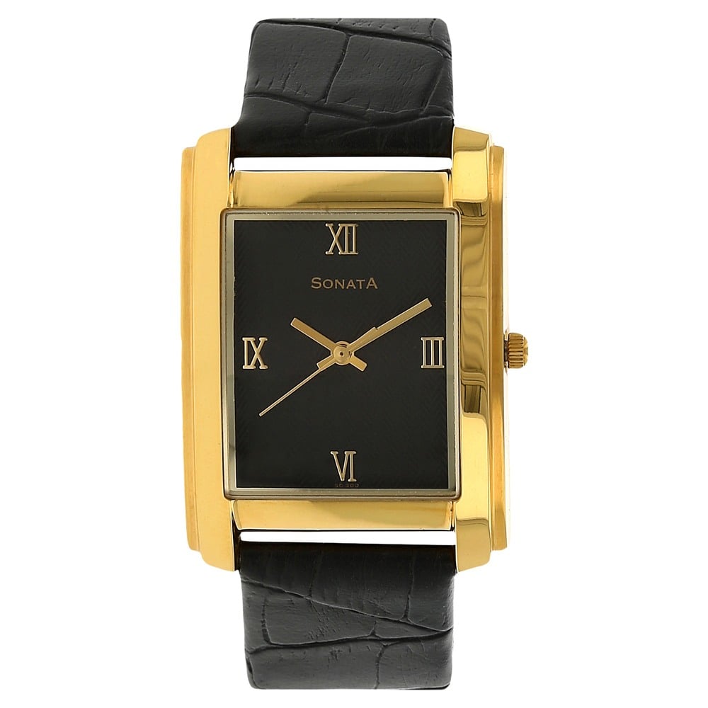 Buy Online Sonata Quartz Analog Black Dial Leather Strap Watch for